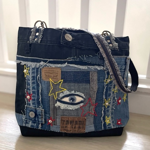 Denim patchwork shoulder bag-tote bag upcycled jeans boho bag - Picture 12 of 16